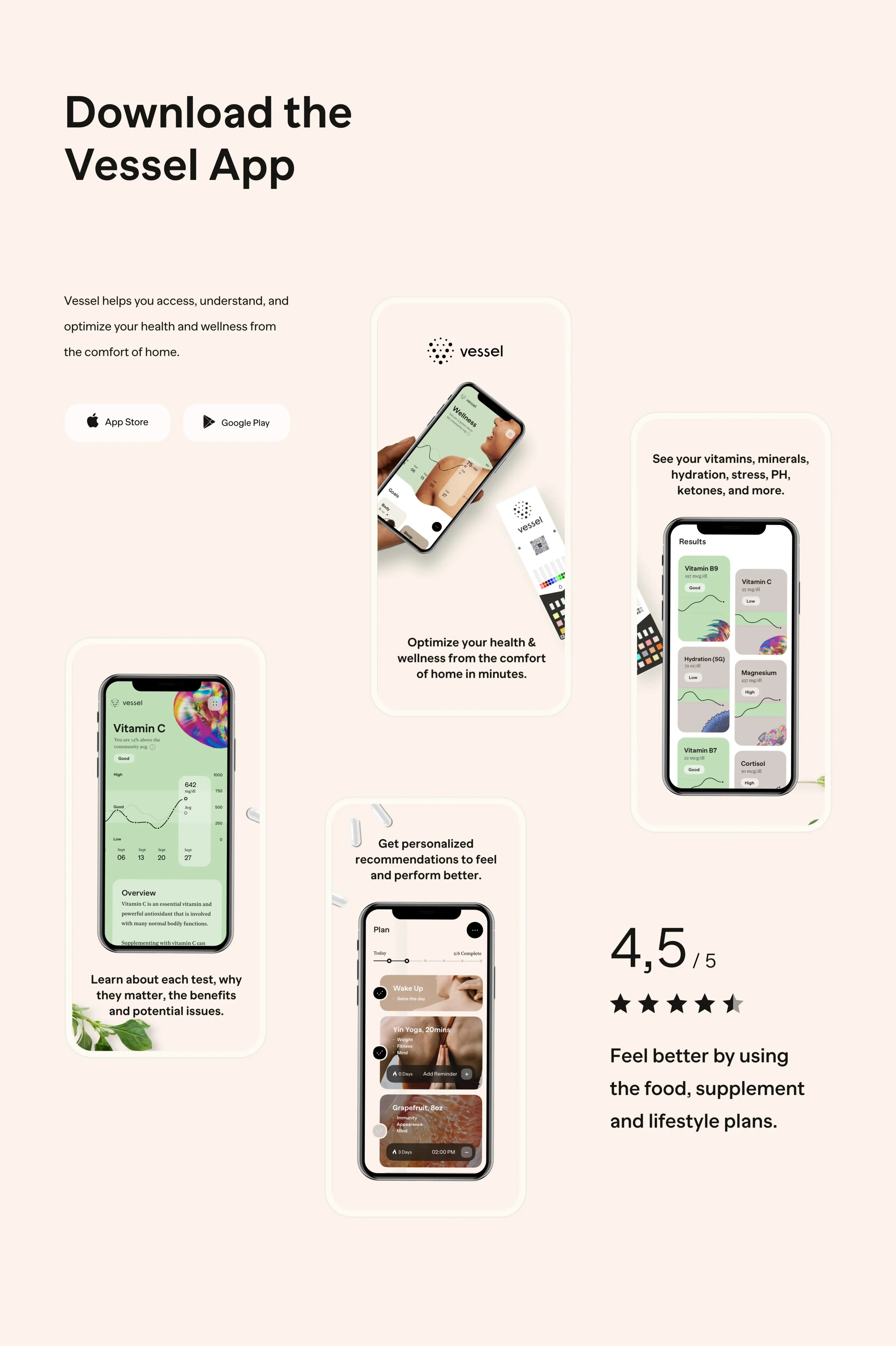 Screenshots of the Vessel wellness mobile app design displayed on multiple phones. Screenshots of the Vessel wellness mobile app design displayed on multiple phones.