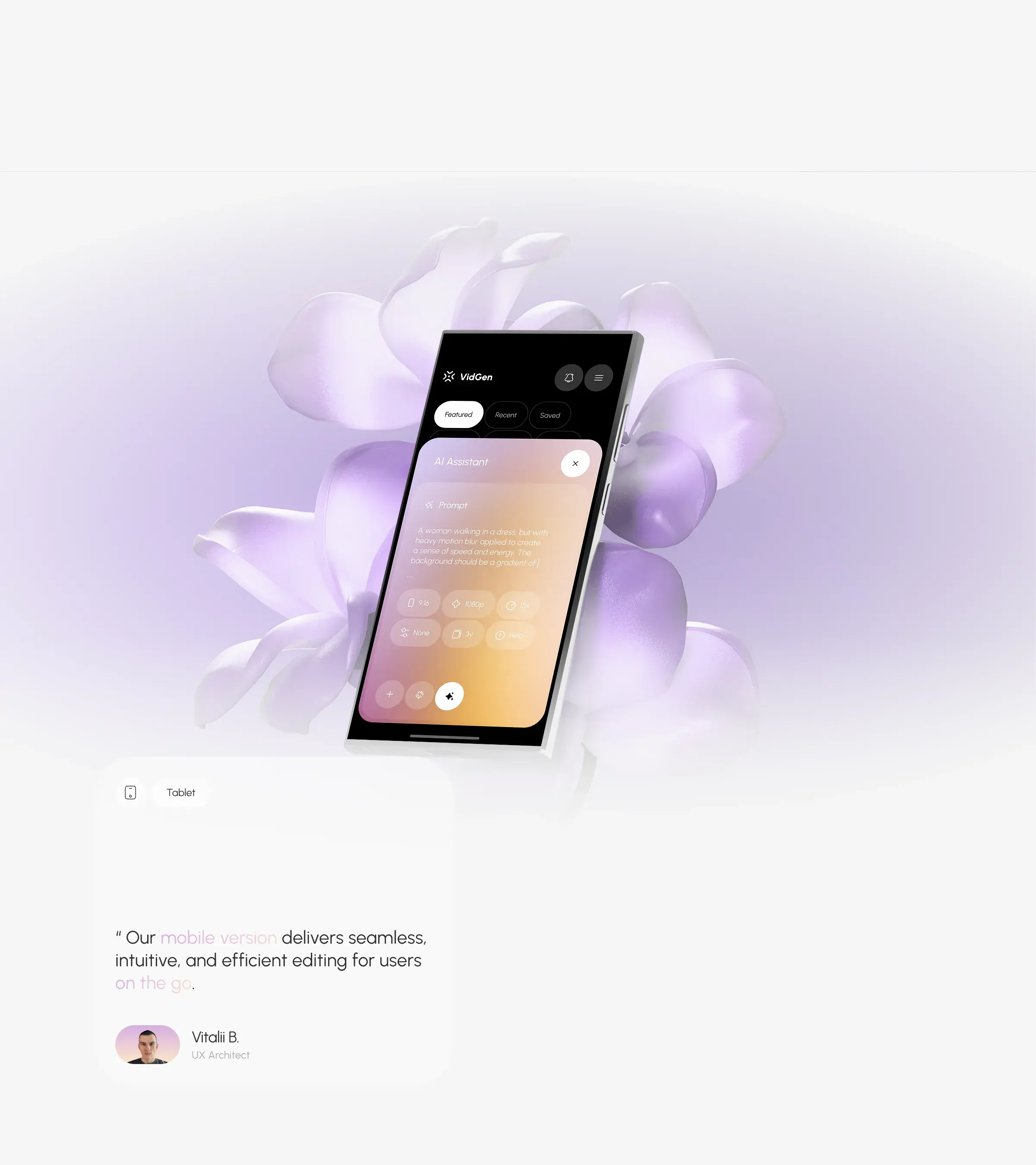 Screenshot on a mobile phone showing the UI design concept for AI video creation.