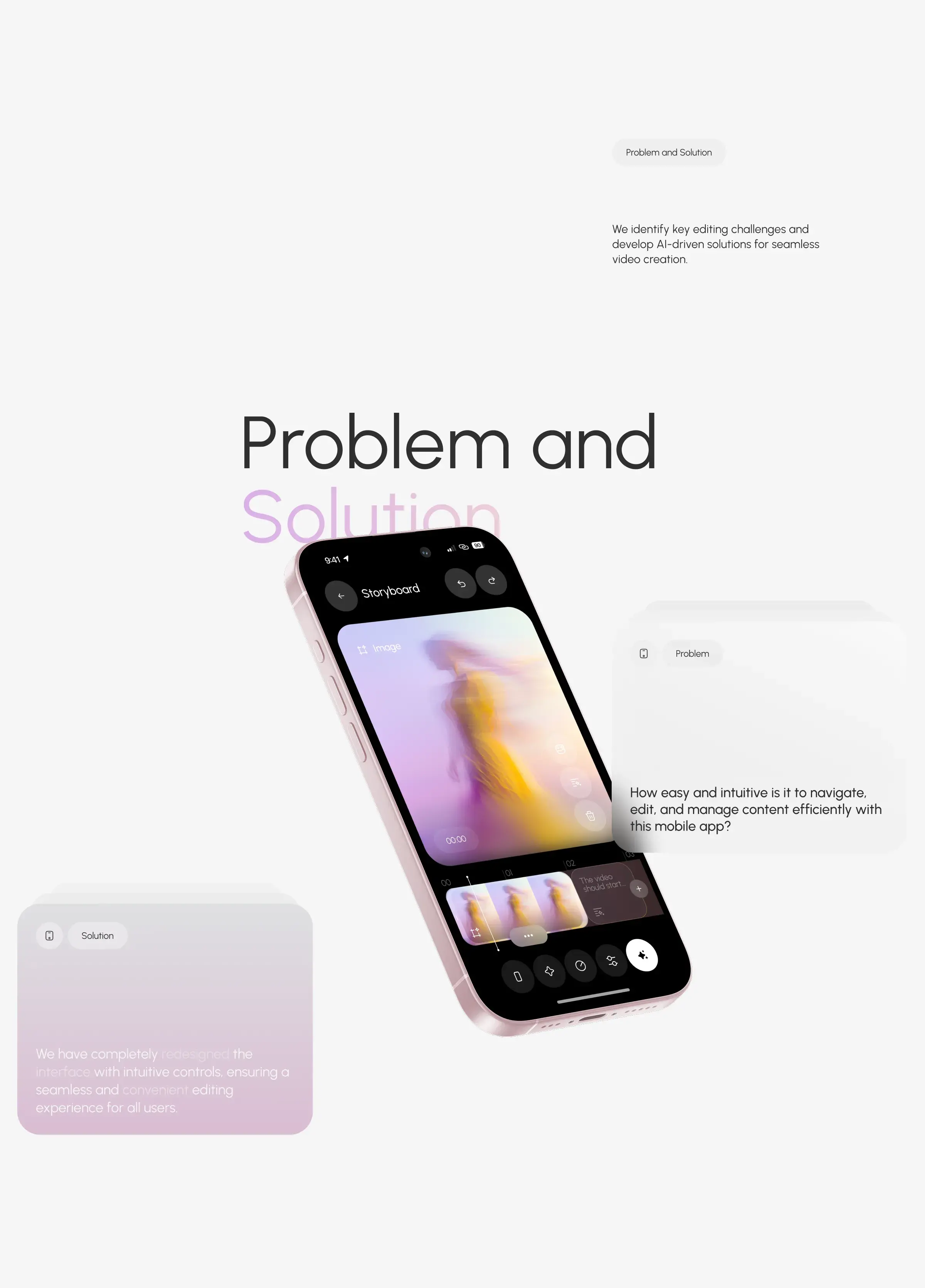 Screenshot of a mobile phone interface for an AI video creation tool, showcasing UX/UI design elements.