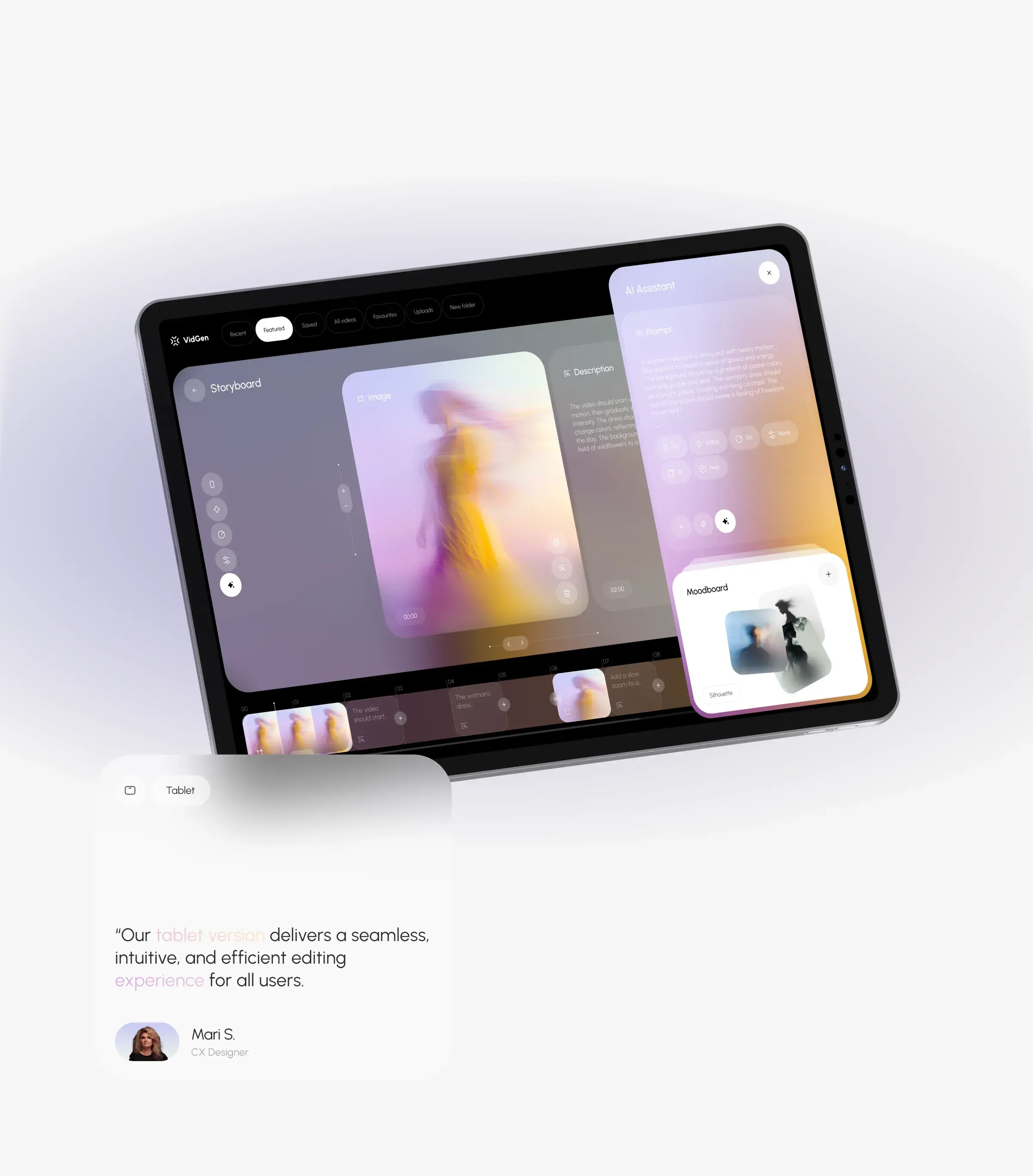 Tablet displaying an AI video creation UX/UI design concept.