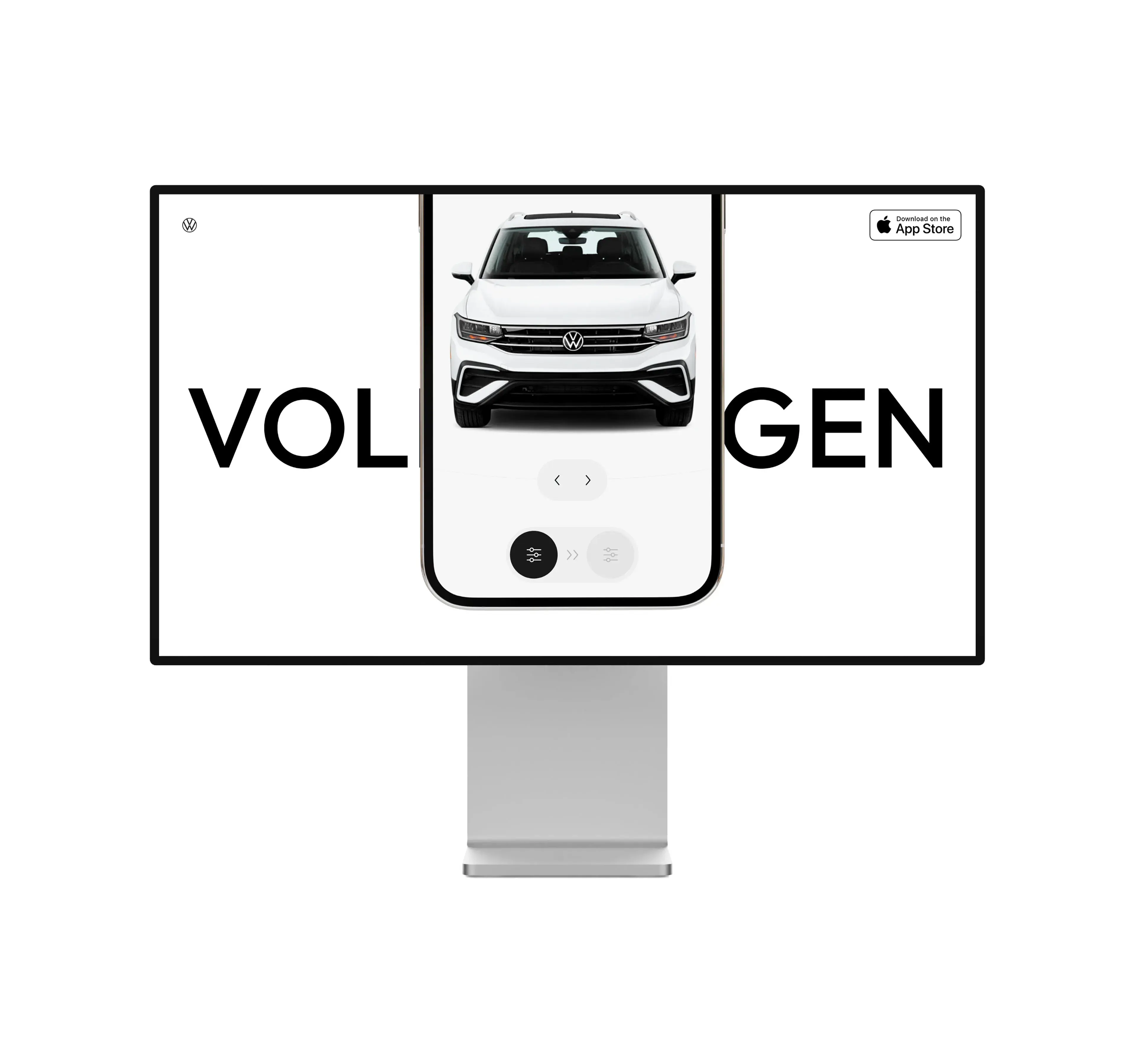 Screenshot of the Volkswagen mobile configurator app showing a city car and download prompt. Screenshot of the Volkswagen mobile configurator app showing a city car and download prompt.