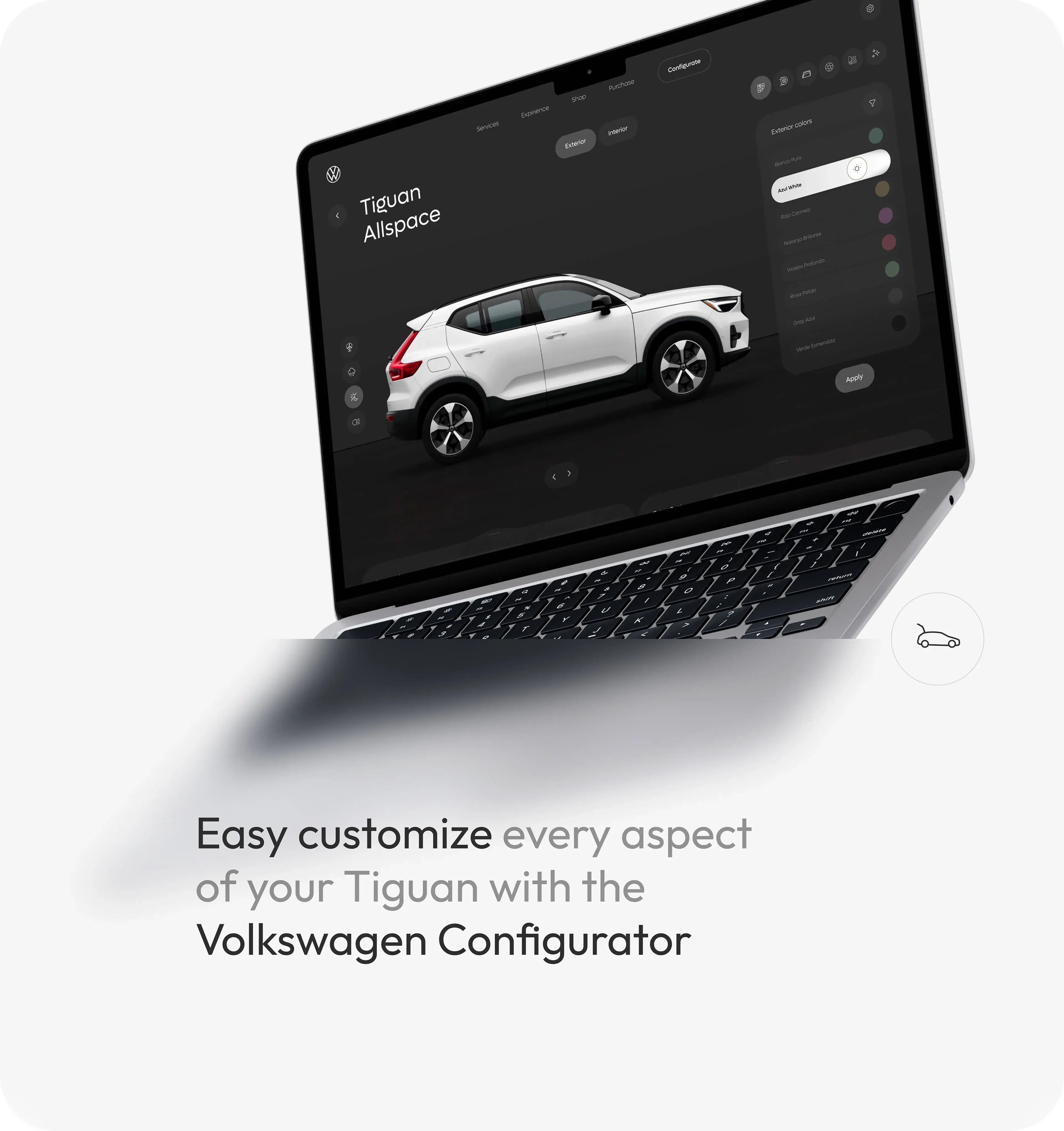 Screenshot of a Volkswagen SUV on a laptop screen, showcasing web application design. Screenshot of a Volkswagen SUV on a laptop screen, showcasing web application design.