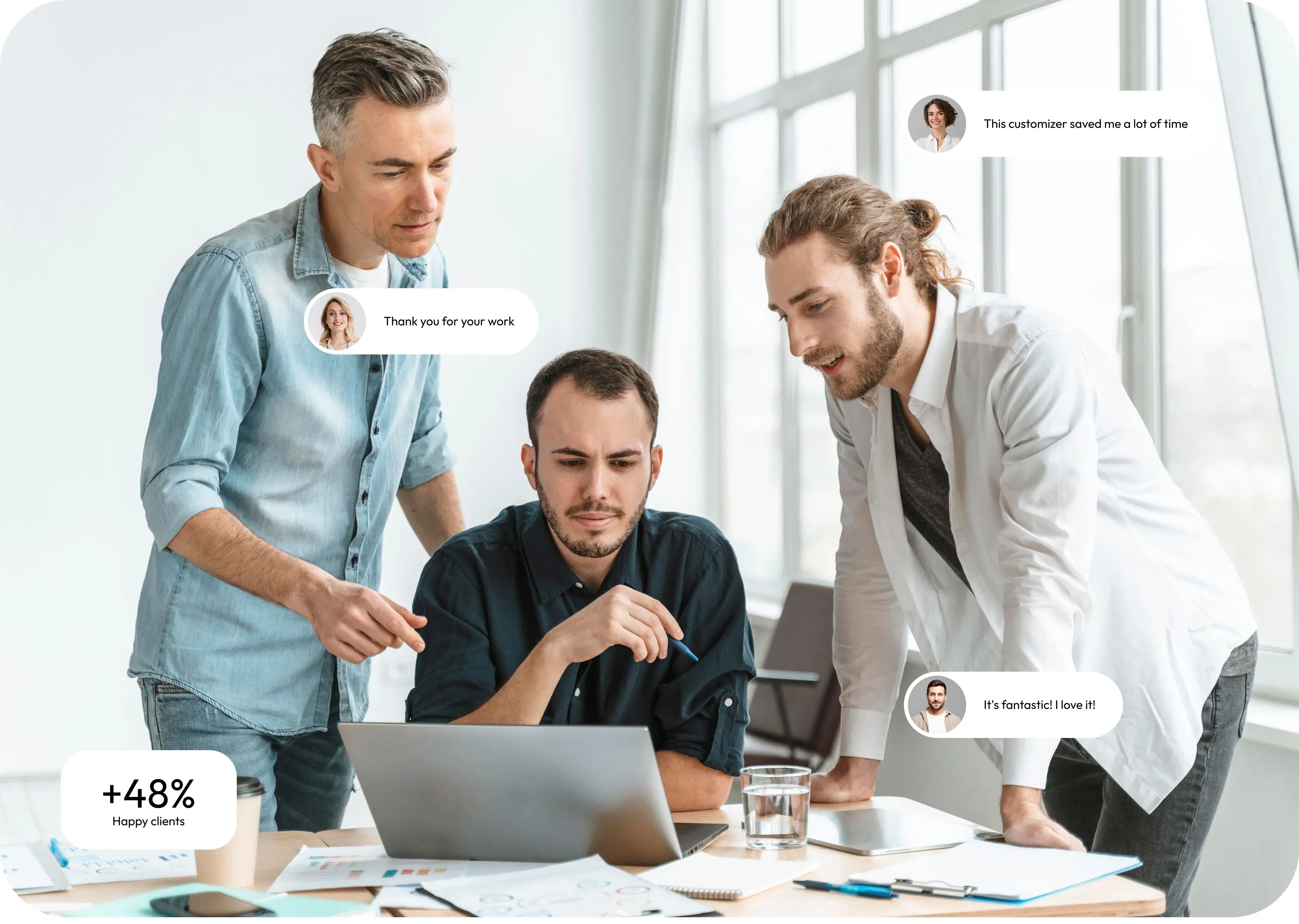 Three people review feedback showing +48% happy clients for the vehicle customizer. Three people review feedback showing +48% happy clients for the vehicle customizer.