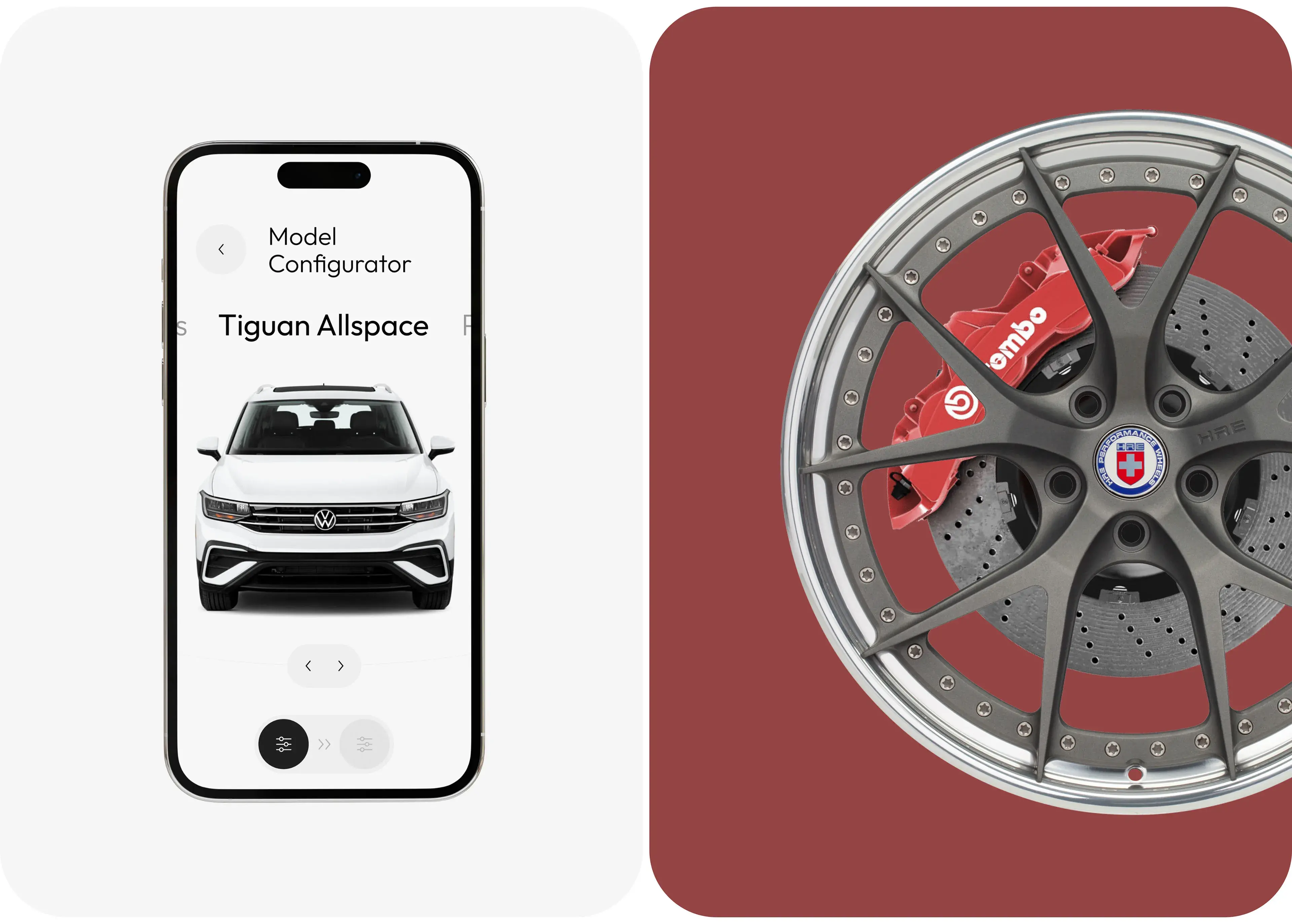 Screenshot of the Volkswagen Tiguan Allspace mobile configurator app showing car customization options. Screenshot of the Volkswagen Tiguan Allspace mobile configurator app showing car customization options.