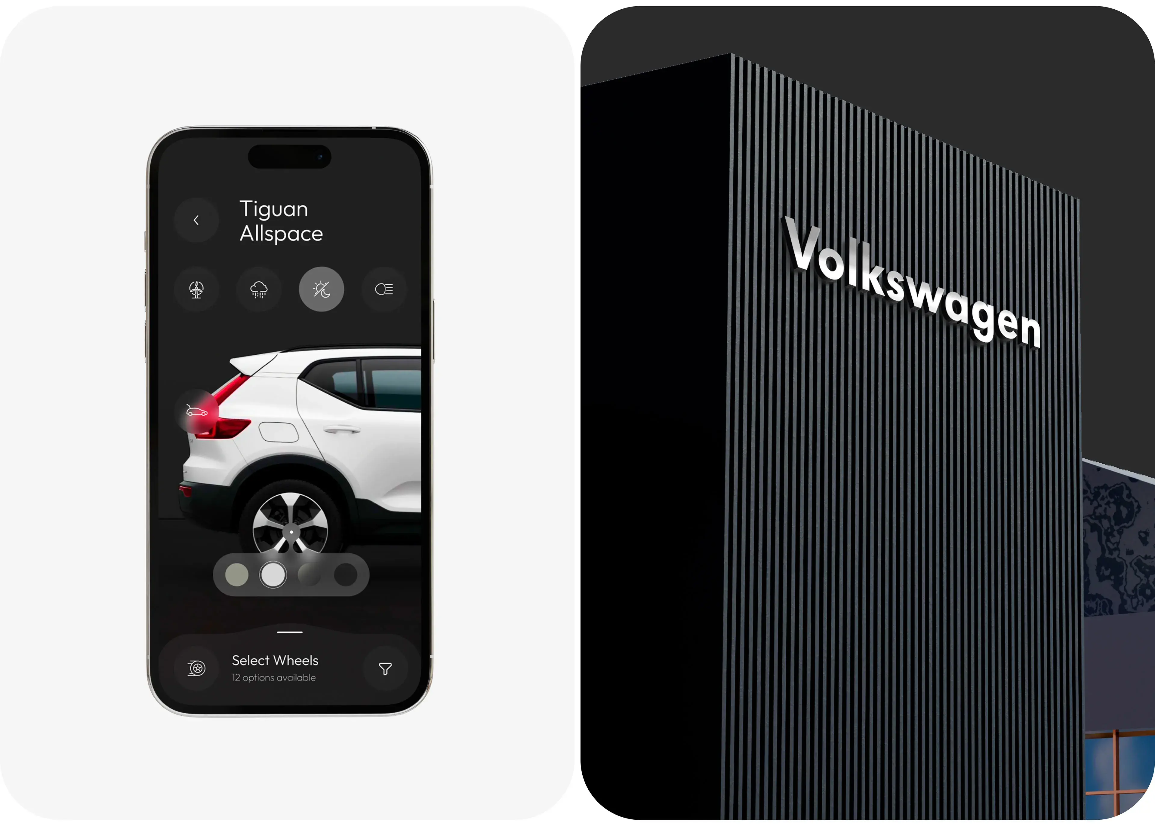 Screenshot of Volkswagen mobile configurator app UI, showing Tiguan Allspace wheel selection. Screenshot of Volkswagen mobile configurator app UI, showing Tiguan Allspace wheel selection.