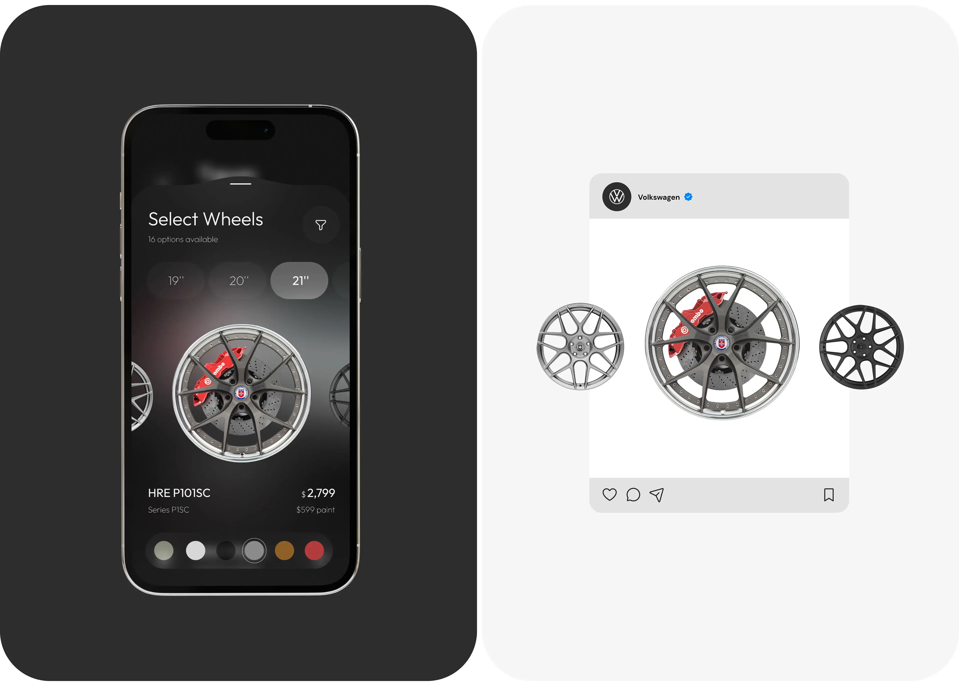 Screenshot of the Volkswagen mobile configurator app interface for selecting wheels. Screenshot of the Volkswagen mobile configurator app interface for selecting wheels.