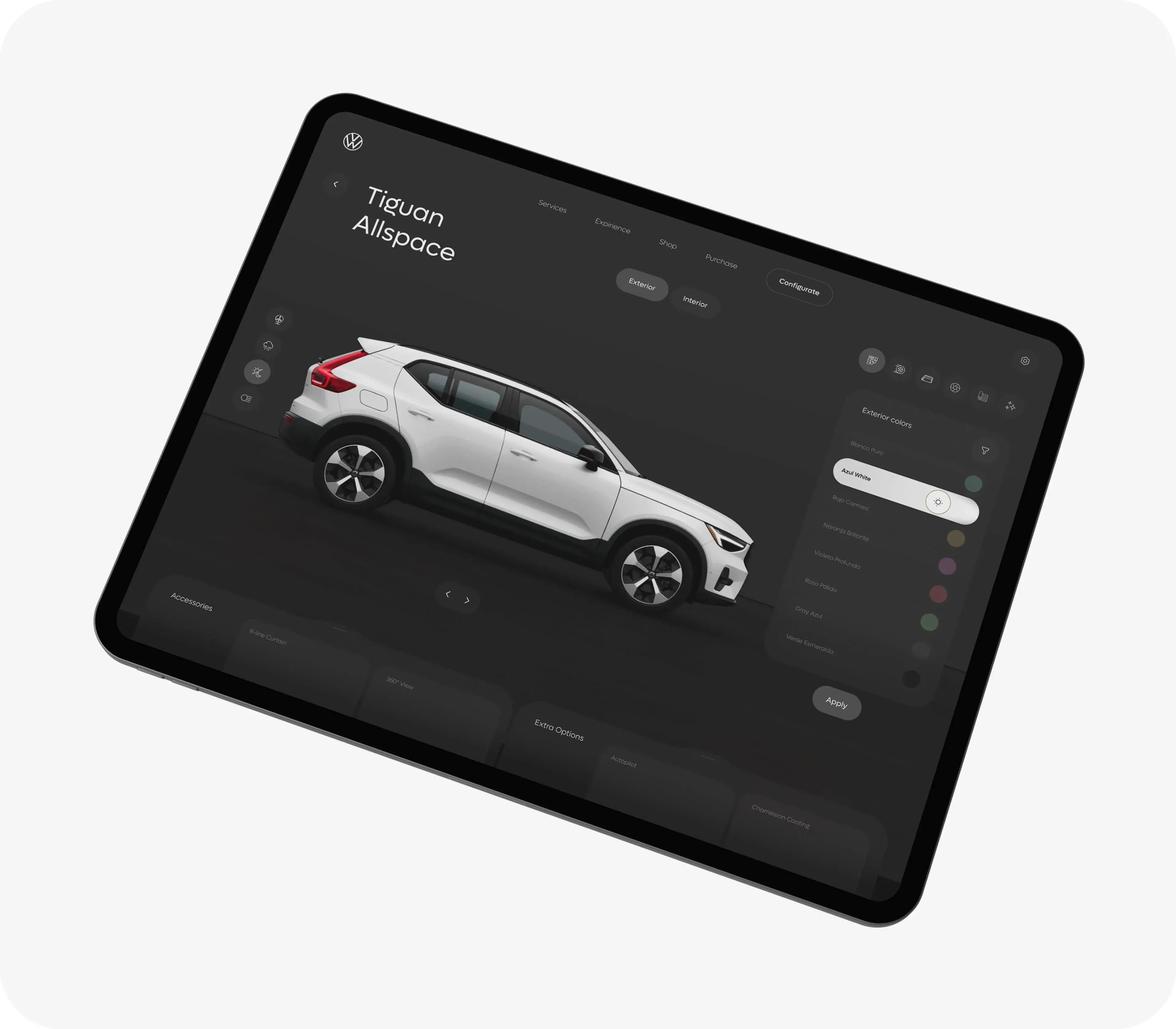 Screenshot of the Volkswagen car configurator mobile app UI on a tablet next to a Volkswagen SUV. Screenshot of the Volkswagen car configurator mobile app UI on a tablet next to a Volkswagen SUV.