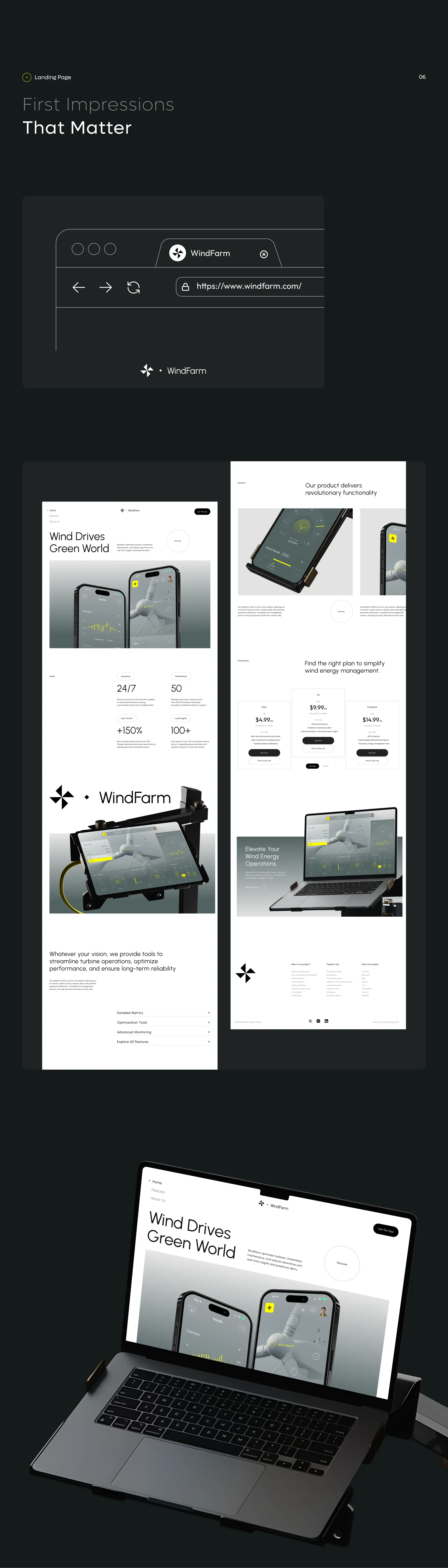 UX/UI design screenshot of the windfarm SaaS platform dashboard shown on a laptop.