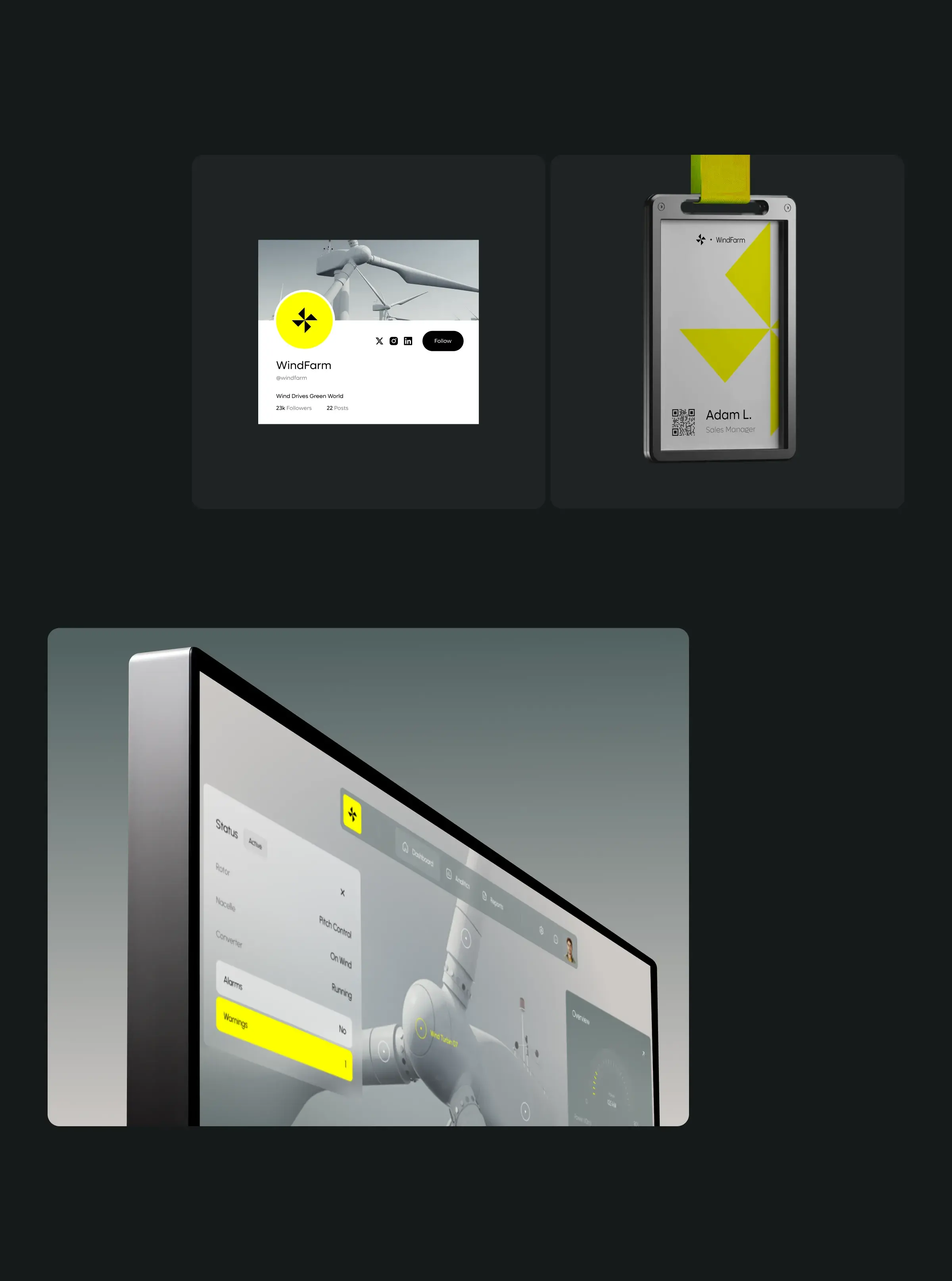 Screenshots showing branding and UI/UX design for a windfarm SaaS application on mobile and desktop.