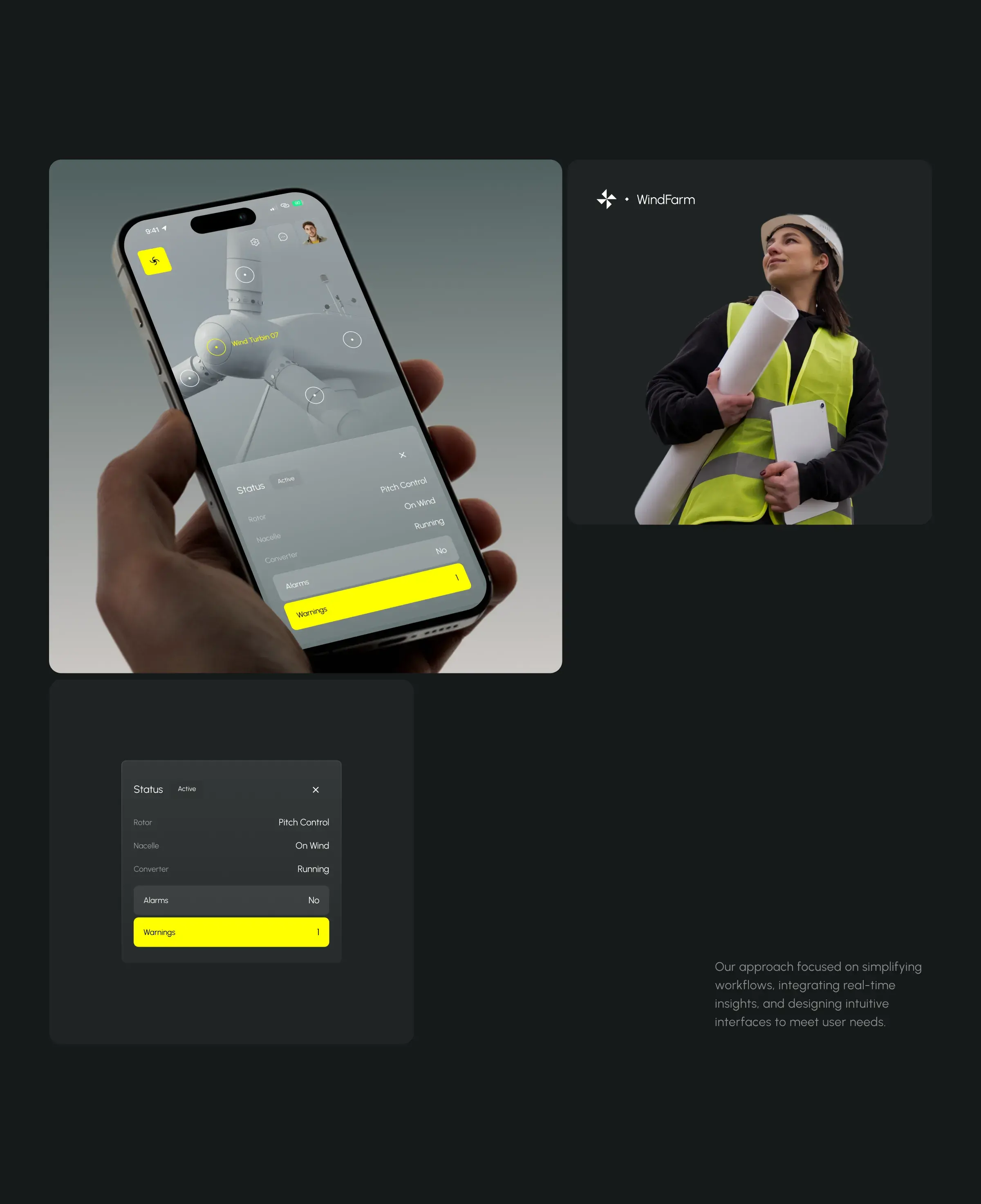 Close-up of a person holding an iPhone showing the windfarm SaaS user interface with data meters.