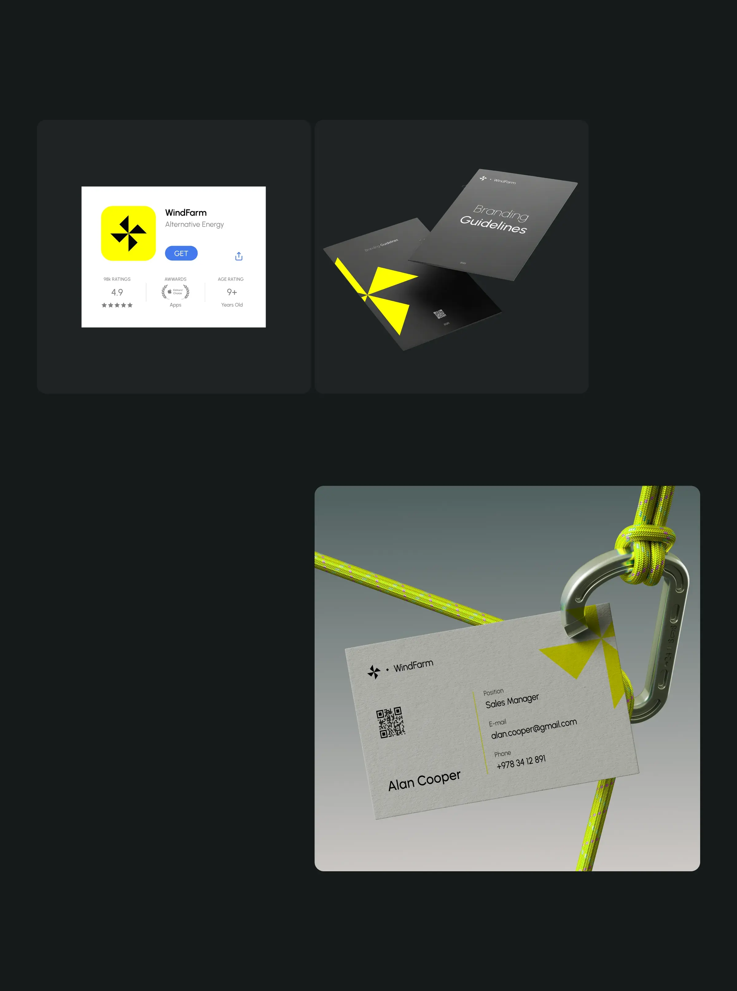 Graphic design elements including a logo and symbol for the windfarm SaaS branding project.