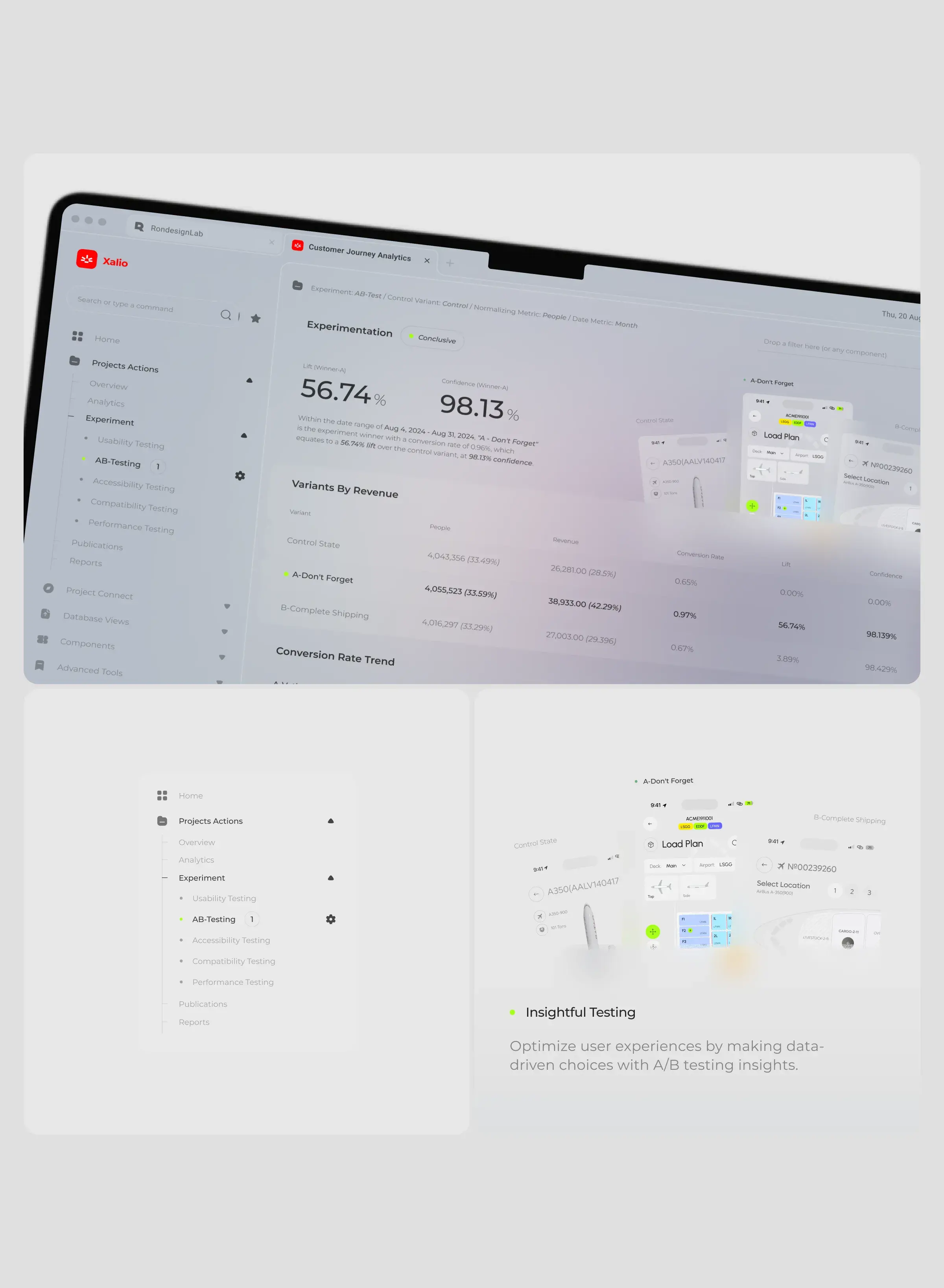 Screenshot displaying the UX/UI design of the Xalio SaaS A/B testing platform. Screenshot displaying the UX/UI design of the Xalio SaaS A/B testing platform.
