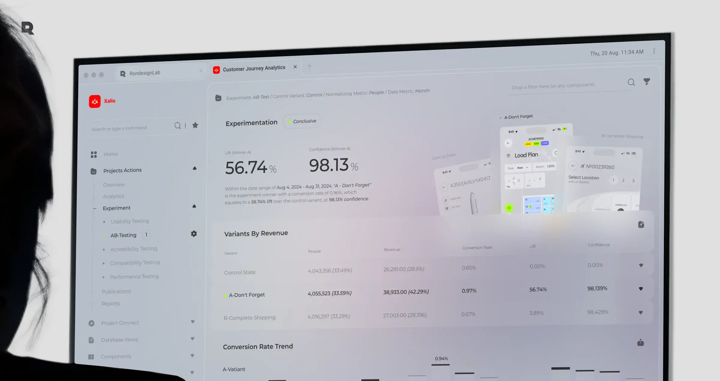 Screenshot of the Xalio SaaS A/B testing platform web interface design on a computer monitor.