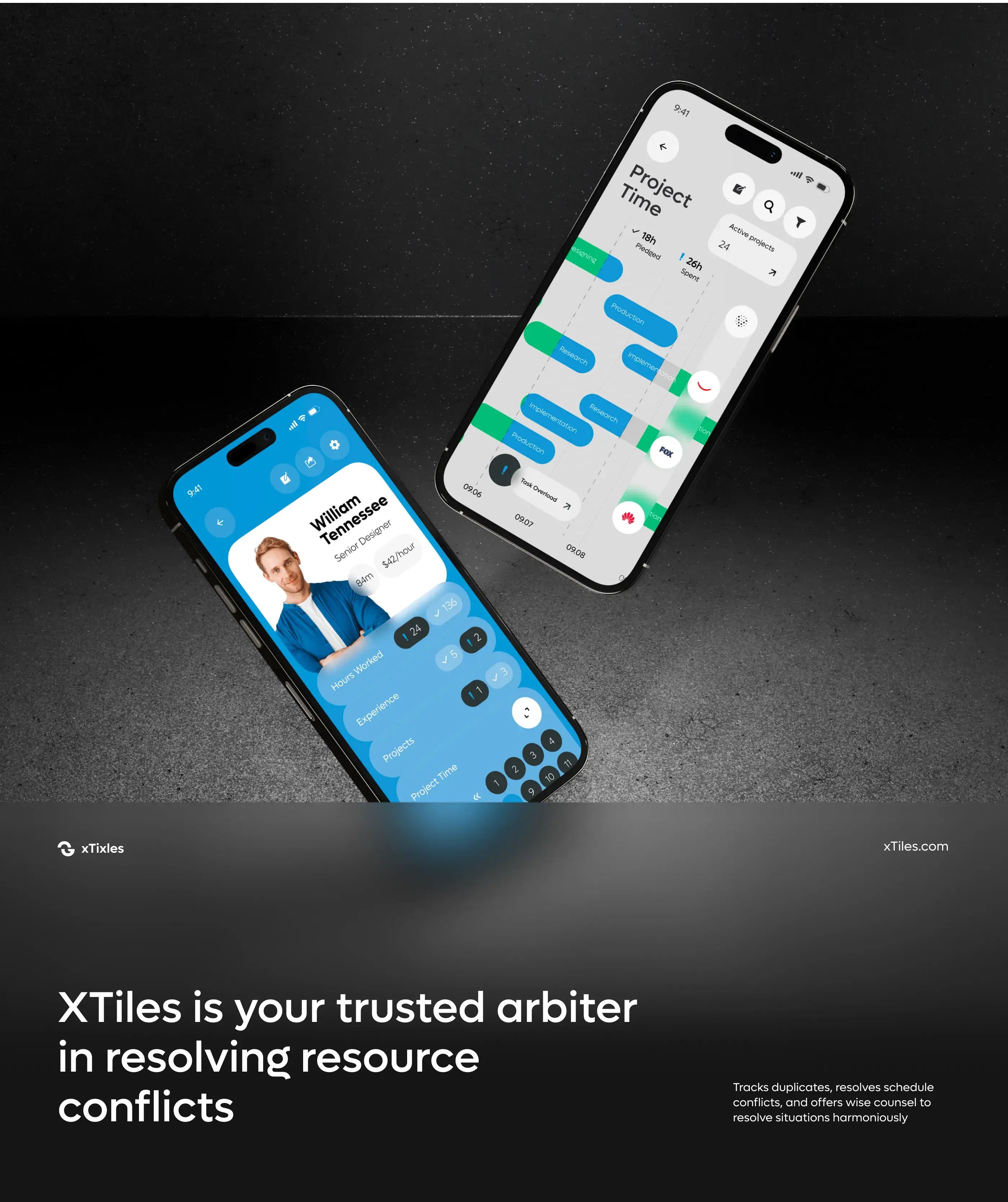 iPhone displaying the xtiles CRM mobile app UI with resource meter. iPhone displaying the xtiles CRM mobile app UI with resource meter.