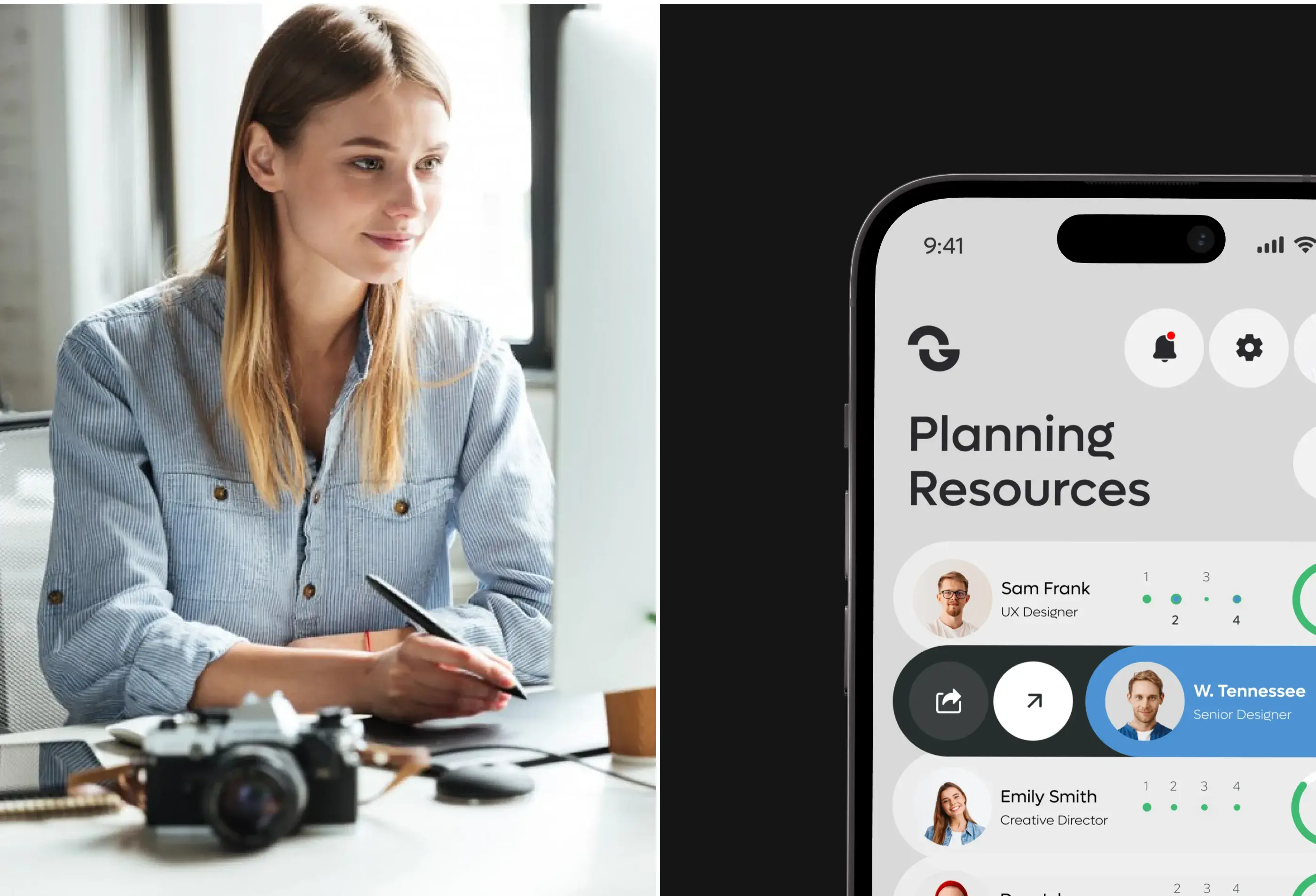 Screenshot of a resource planning screen in a CRM/SaaS mobile app, listing designers Sam Frank and Emily. Screenshot of a resource planning screen in a CRM/SaaS mobile app, listing designers Sam Frank and Emily.