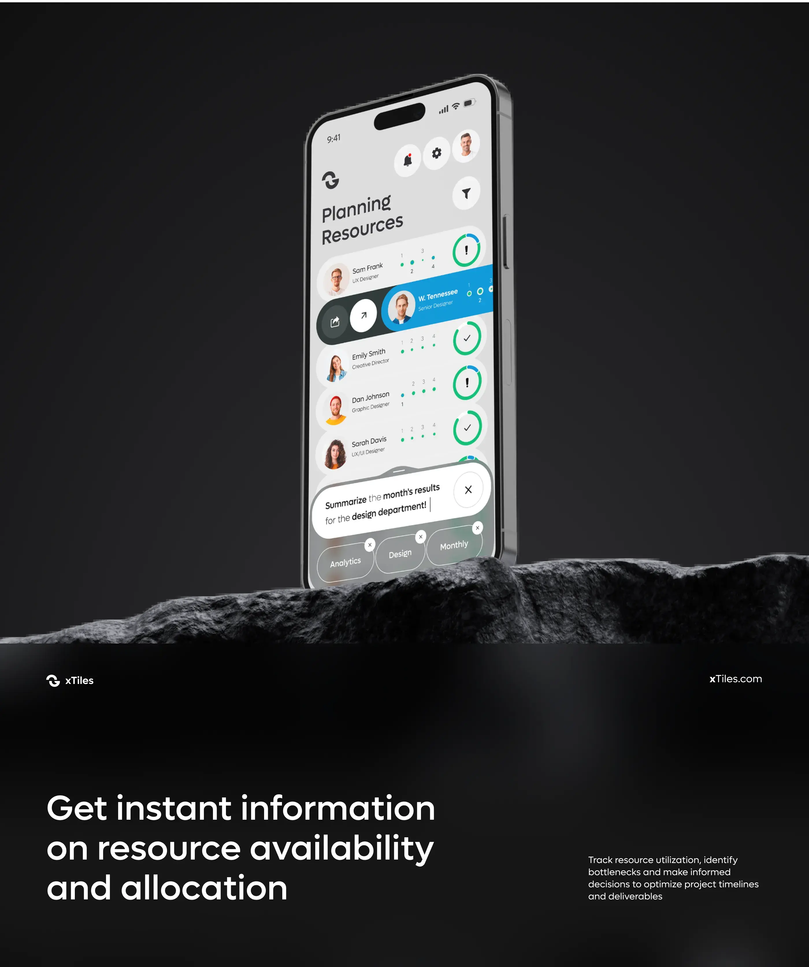 Smartphone displaying the UI/UX design and branding of the xtiles CRM mobile app. Smartphone displaying the UI/UX design and branding of the xtiles CRM mobile app.