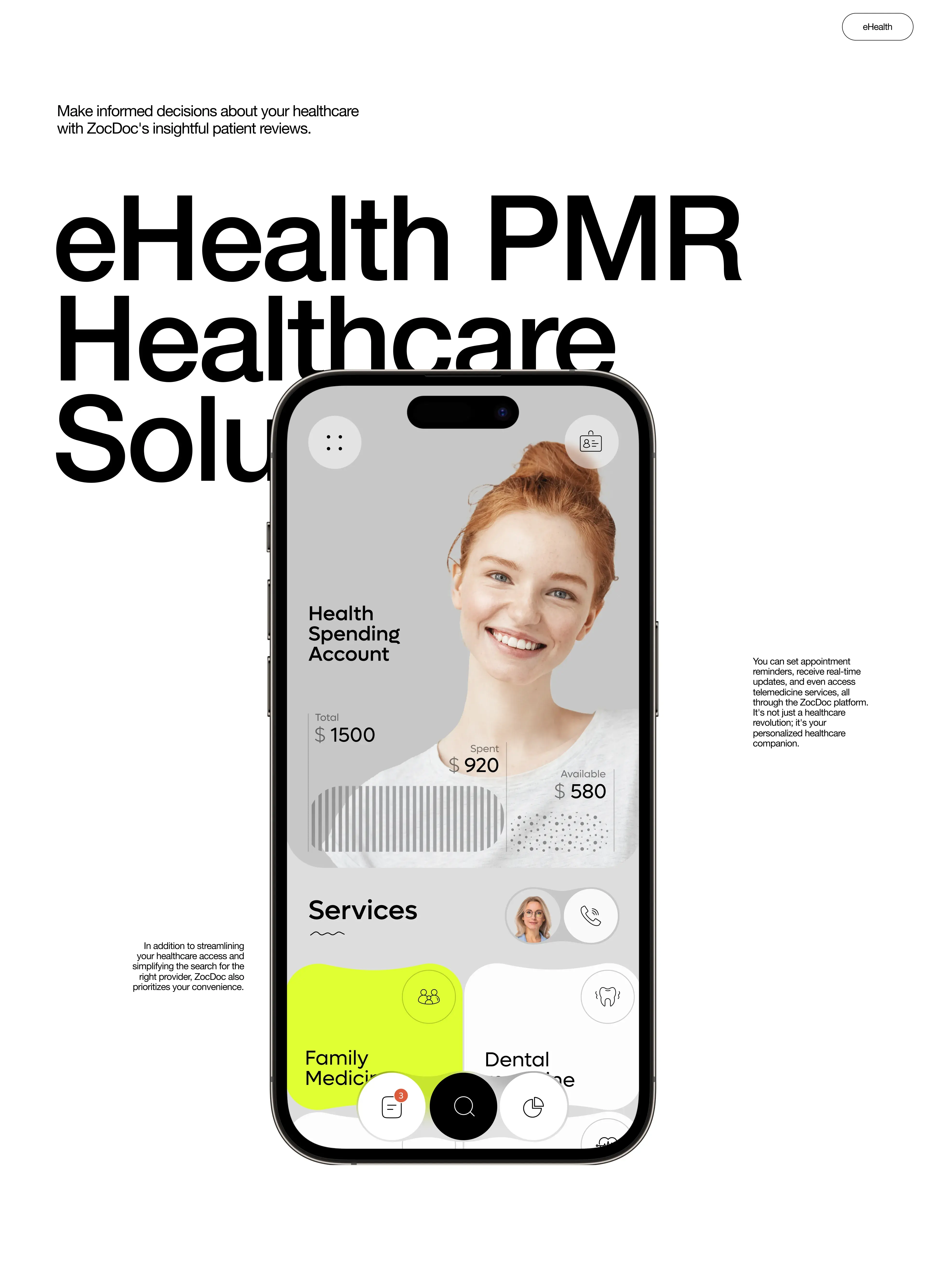 Two smiling users looking at a mobile phone displaying a healthcare app interface. Two smiling users looking at a mobile phone displaying a healthcare app interface.